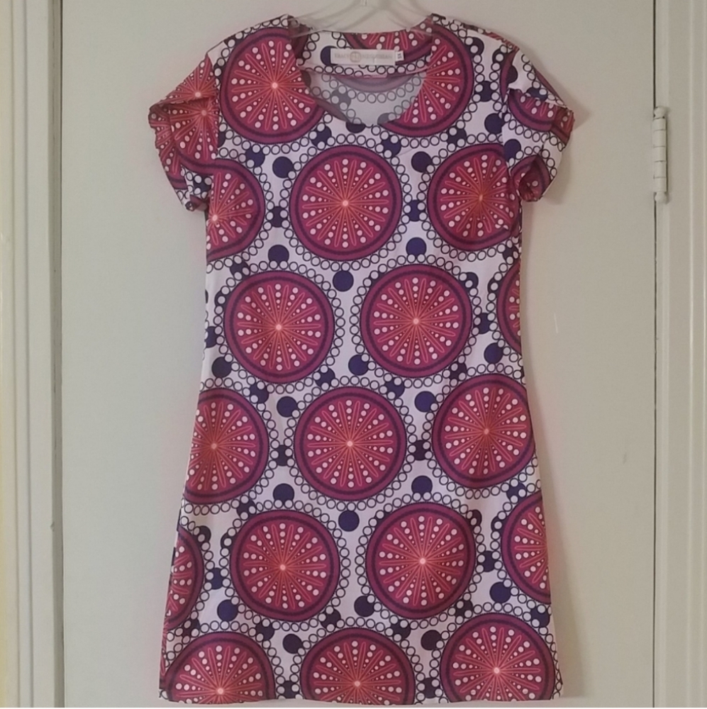 TRACY NEGOSHIAN Pink & Purple Circles Patterned Shift Dress Tulip Sleeves XS